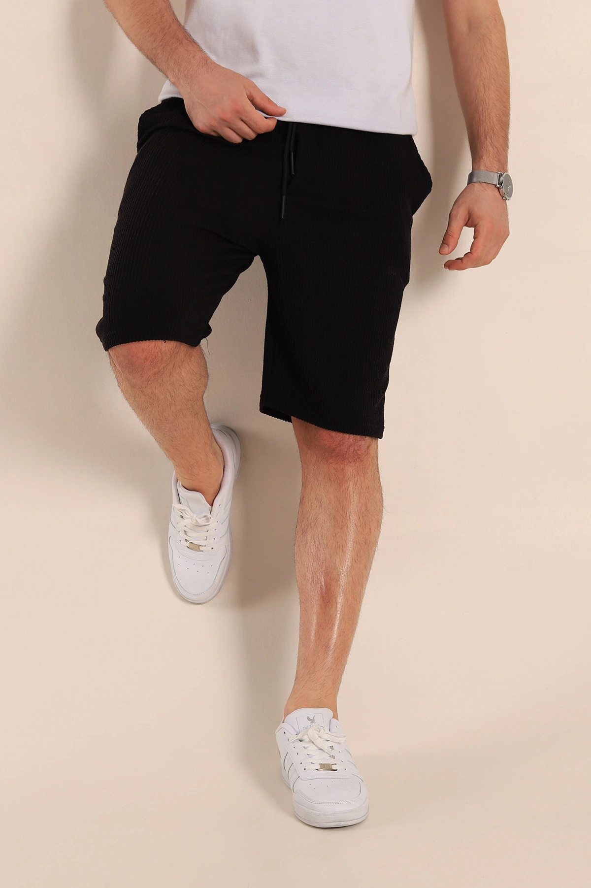 Siyah Relaxed Fit Fitilli Doku Bel Lastikli Erkek Şort 272828