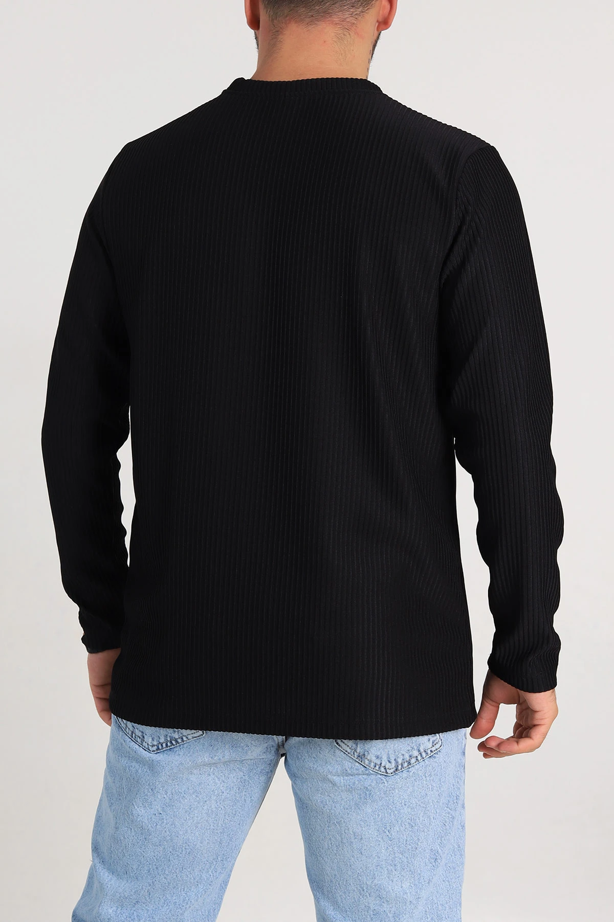 Siyah Relaxed Fit Fitilli Doku Bisiklet Yaka Erkek Sweatshirt 314141