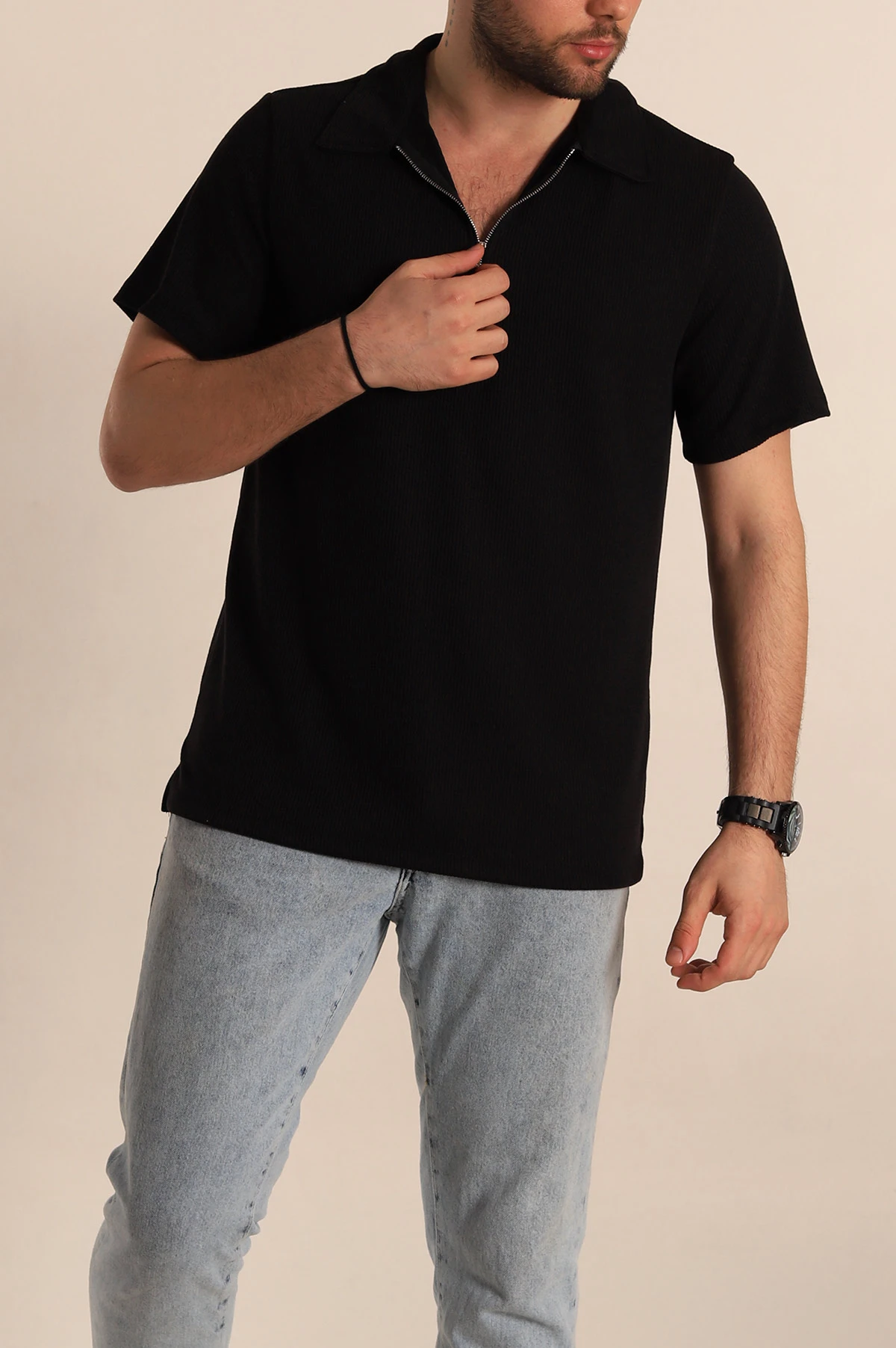 Siyah Relaxed Fit Fitilli Doku Fermuarlı Polo Yaka Erkek Tişört 268309