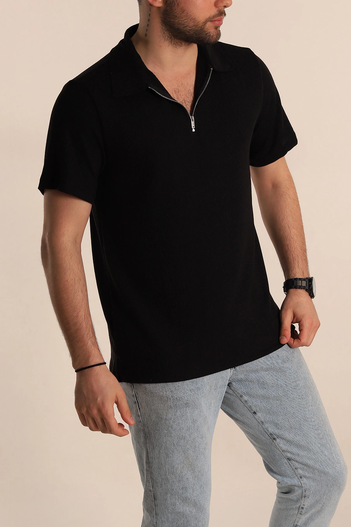 Siyah Relaxed Fit Fitilli Doku Fermuarlı Polo Yaka Erkek Tişört 268309