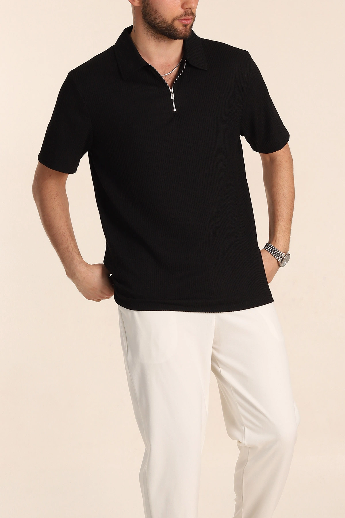 Siyah Relaxed Fit Fitilli Doku Fermuarlı Polo Yaka Erkek Tişört 347557