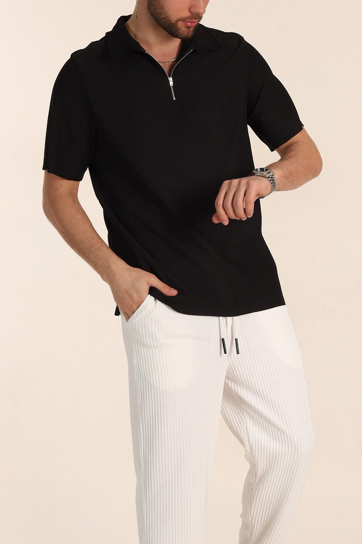 Siyah Relaxed Fit Fitilli Doku Fermuarlı Polo Yaka Erkek Tişört 348146