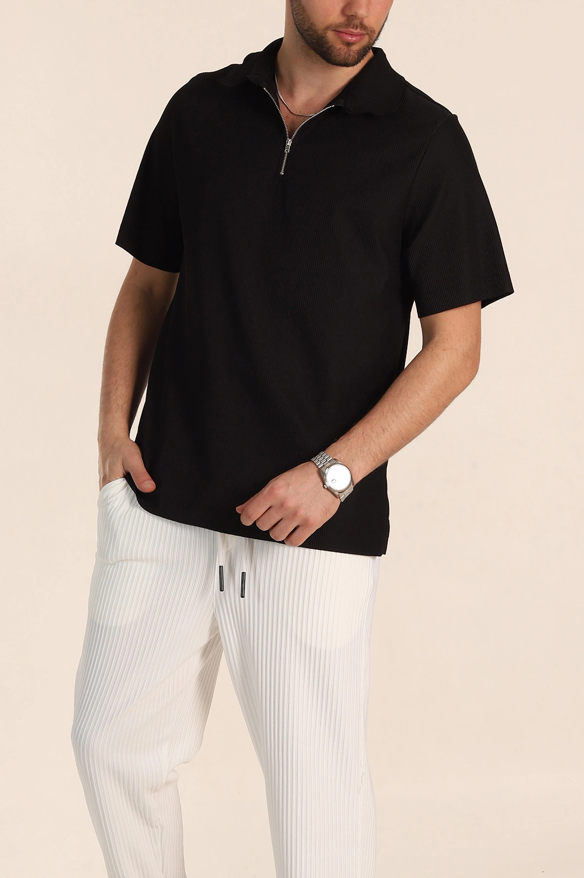 Siyah Relaxed Fit Fitilli Doku Fermuarlı Polo Yaka Erkek Tişört 348146