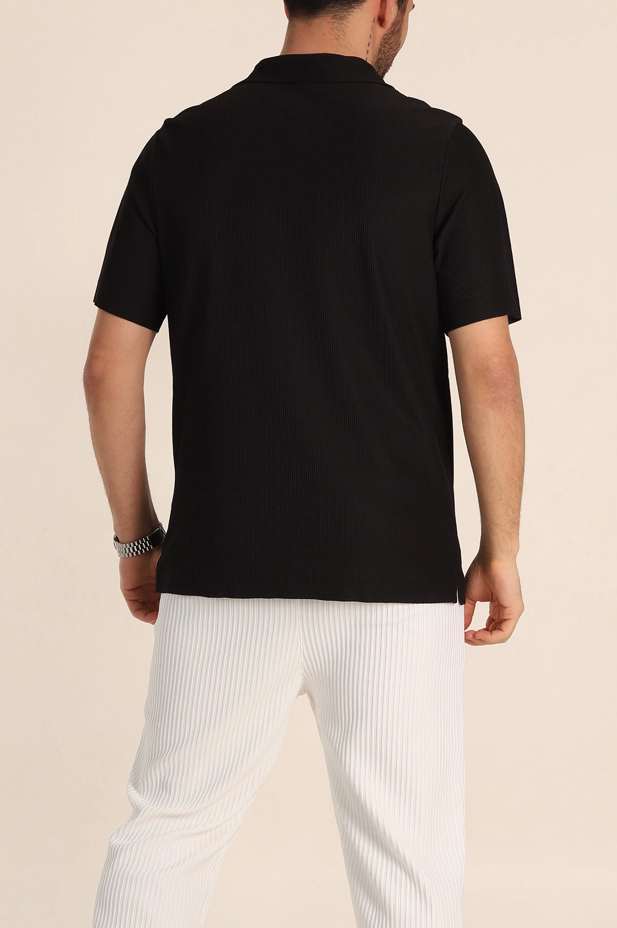 Siyah Relaxed Fit Fitilli Doku Fermuarlı Polo Yaka Erkek Tişört 348146