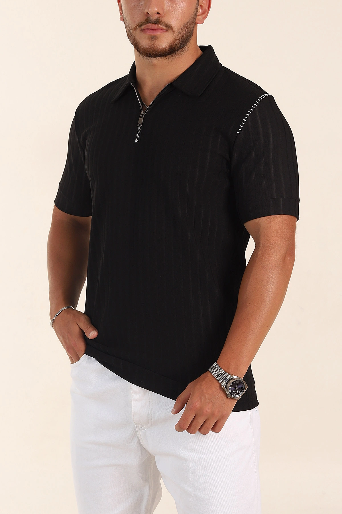 Siyah Relaxed Fit Fitilli Doku Fermuarlı Polo Yaka Erkek Tişört 373051