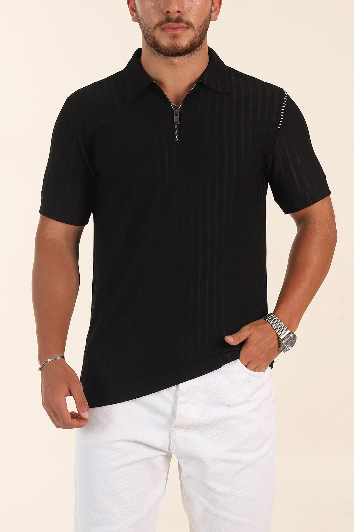 Siyah Relaxed Fit Fitilli Doku Fermuarlı Polo Yaka Erkek Tişört 373051