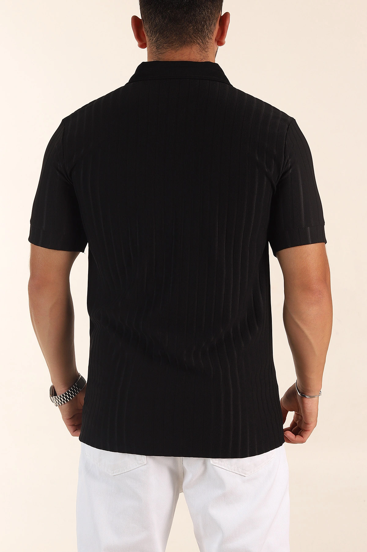 Siyah Relaxed Fit Fitilli Doku Fermuarlı Polo Yaka Erkek Tişört 373051