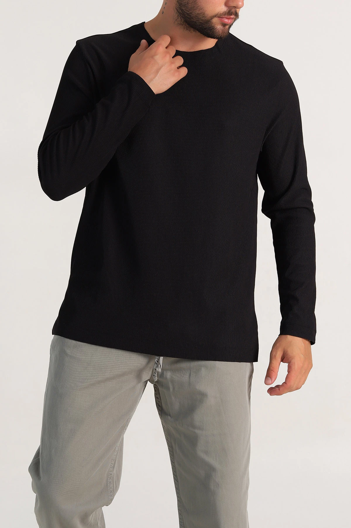 Siyah Relaxed Fit Fitilli Doku Geniş Yaka Erkek Sweatshirt 300052