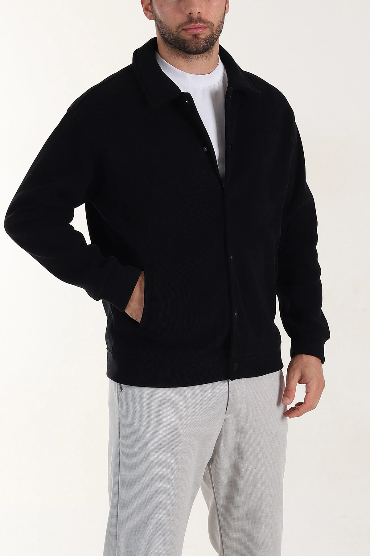 Siyah Relaxed Fit Fitilli Doku İçi Polarlı Erkek Kadife Ceket 399995