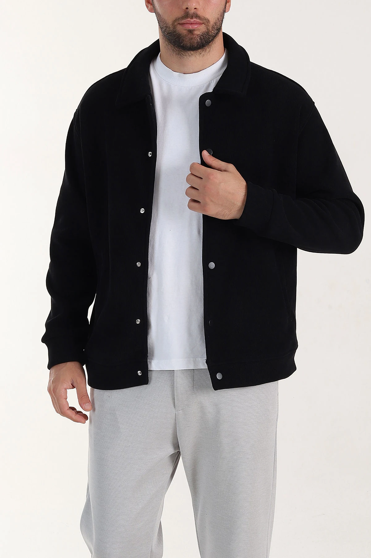 Siyah Relaxed Fit Fitilli Doku İçi Polarlı Erkek Kadife Ceket 399995