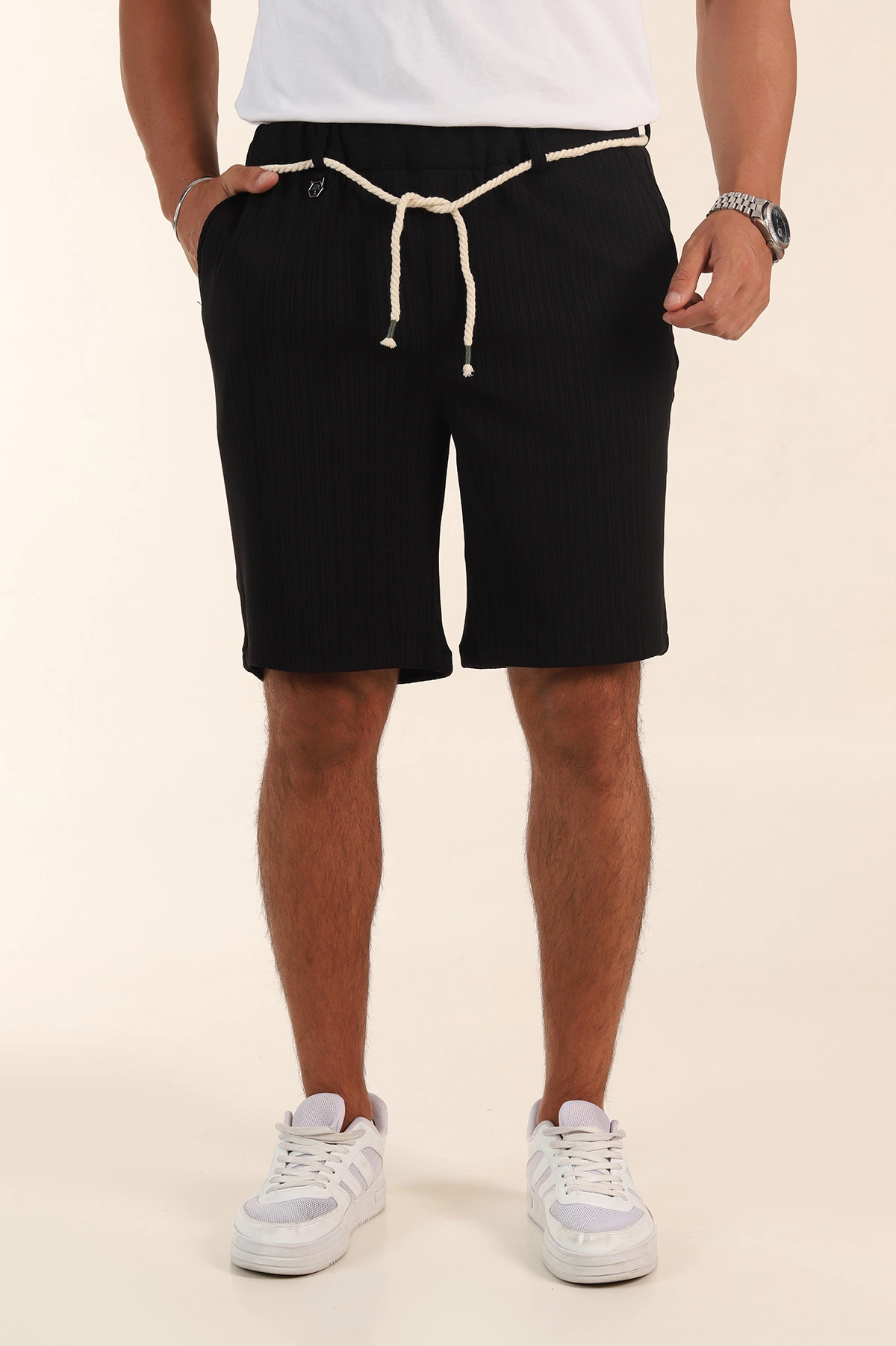 Siyah Relaxed Fit Fitilli Doku Likralı Erkek Şort 380974