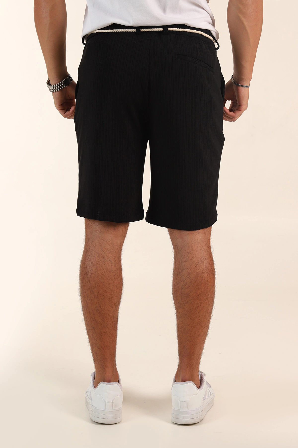 Siyah Relaxed Fit Fitilli Doku Likralı Erkek Şort 380974