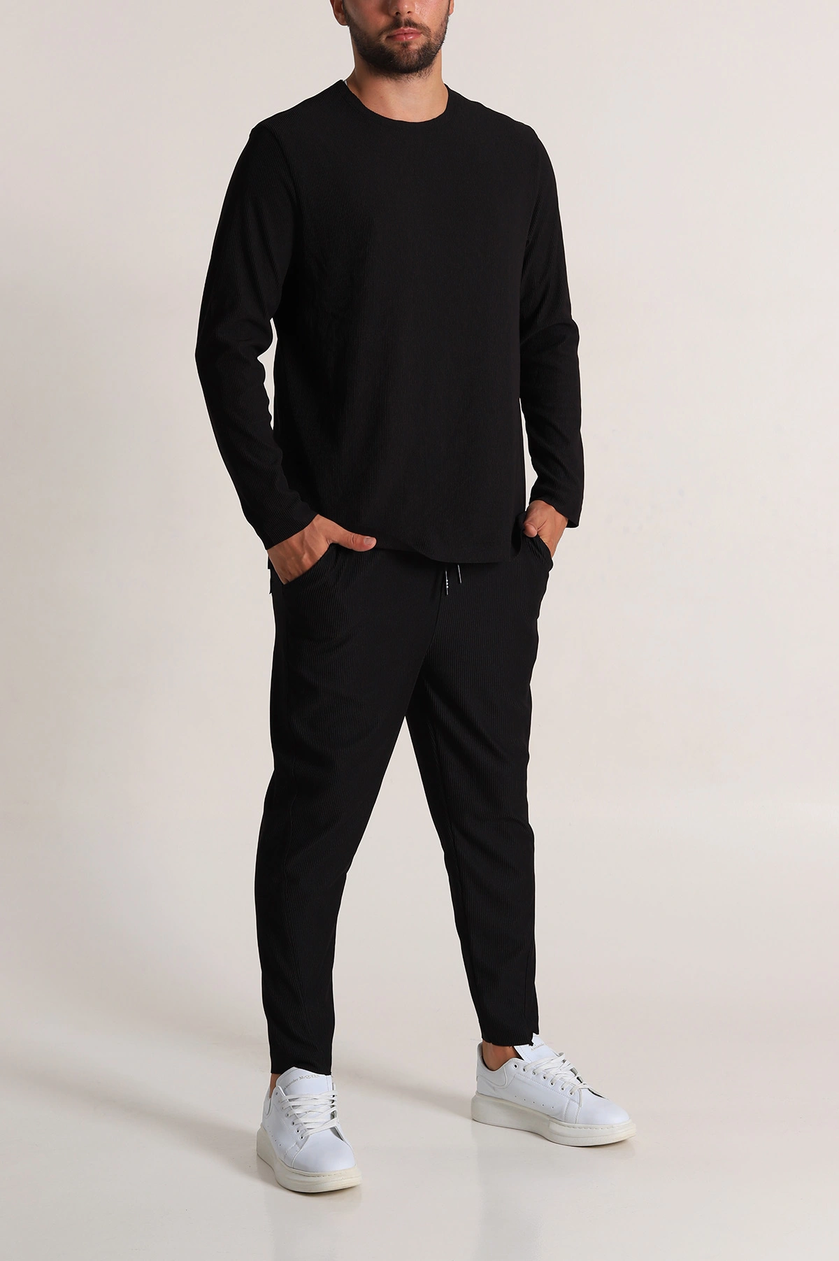 Siyah Relaxed Fit Fitilli Dokulu Erkek Eşofman Takımı 300070