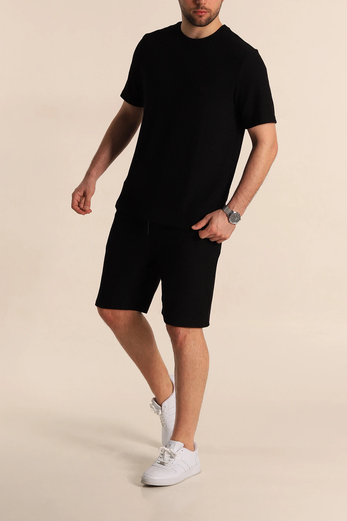 Siyah Relaxed Fit Fitilli Dokulu Erkek Şortlu Takım 272837