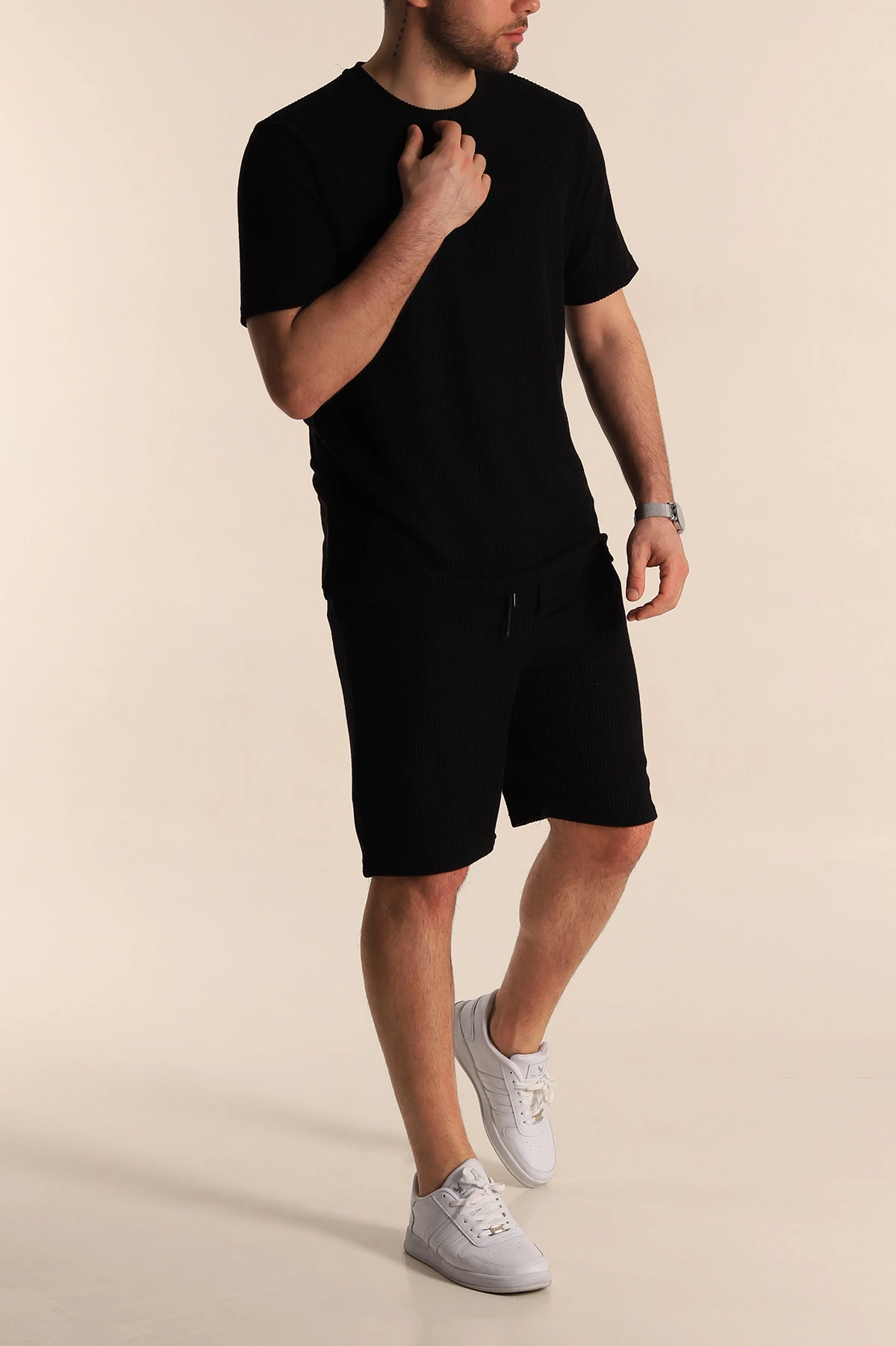 Siyah Relaxed Fit Fitilli Dokulu Erkek Şortlu Takım 272837