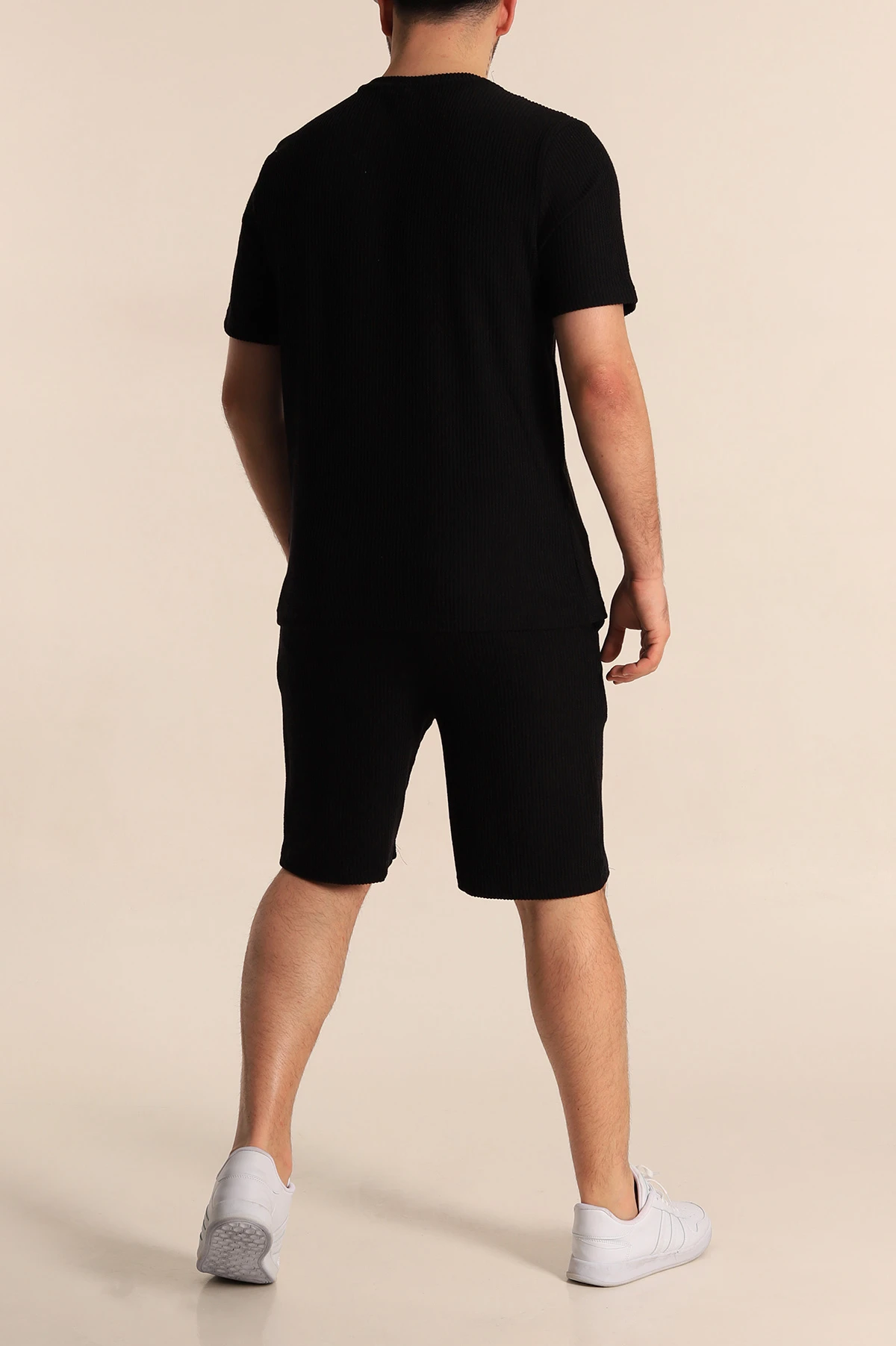 Siyah Relaxed Fit Fitilli Dokulu Erkek Şortlu Takım 272837