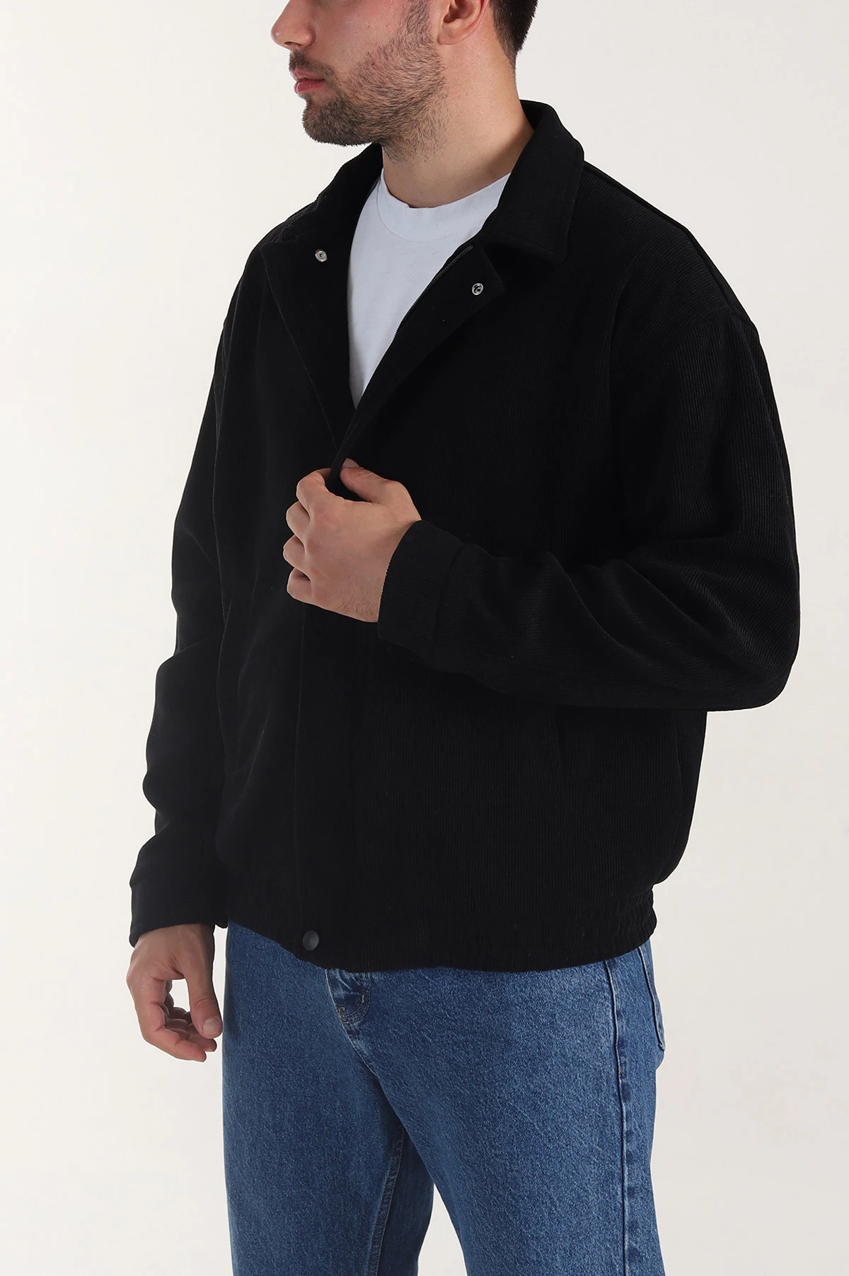 Siyah Relaxed Fit Fitilli Dokulu İçi Astarlı Erkek Mont 400058