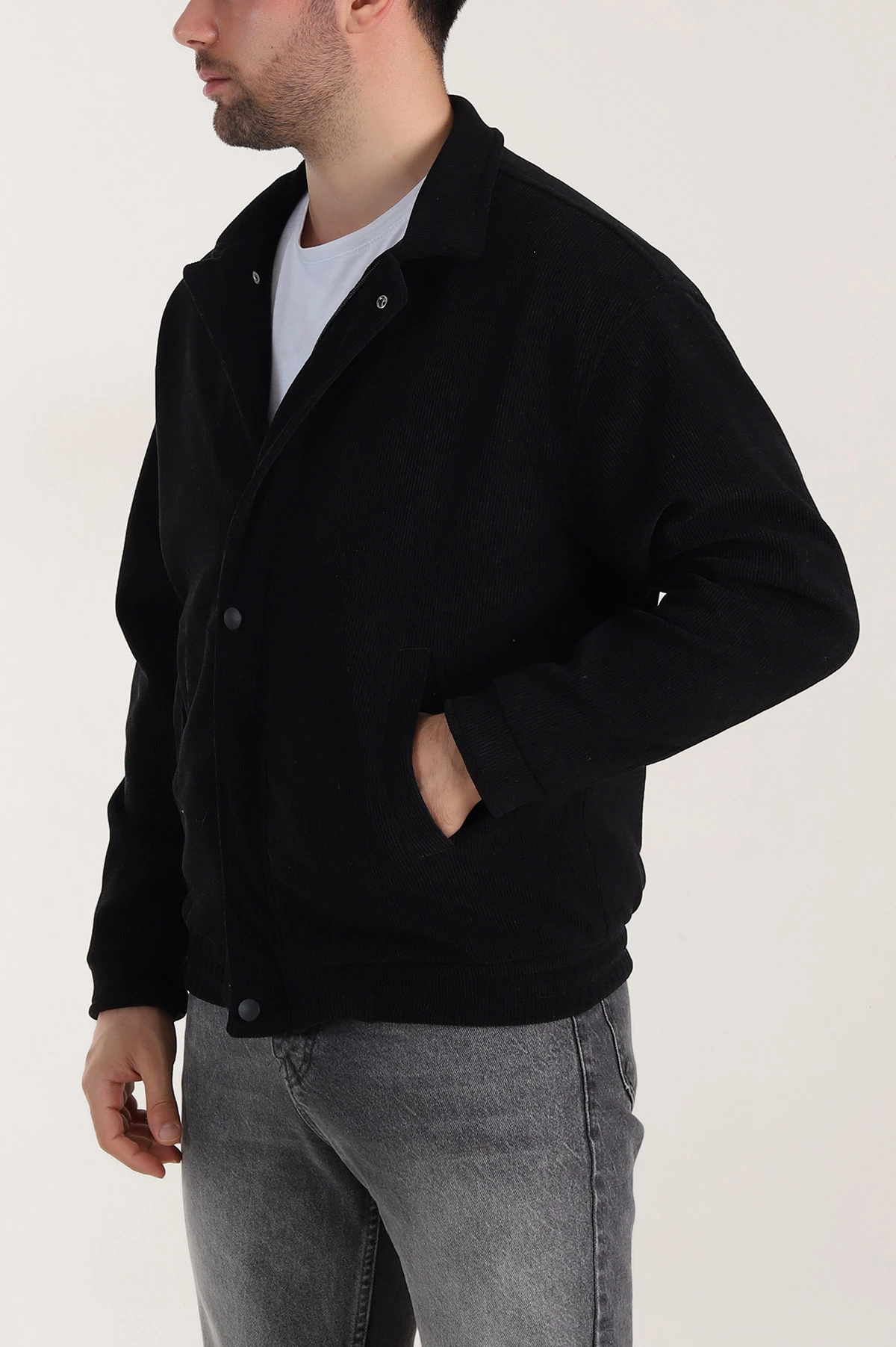 Siyah Relaxed Fit Fitilli Dokulu İçi Astarlı Erkek Mont 409636