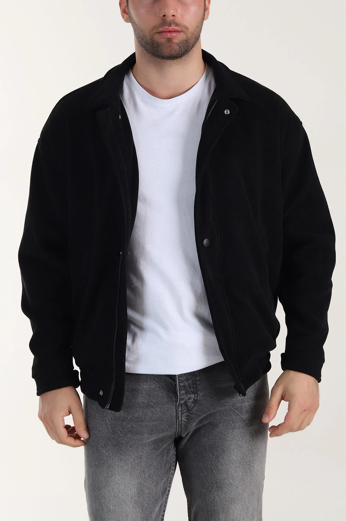 Siyah Relaxed Fit Fitilli Dokulu İçi Astarlı Erkek Mont 409636