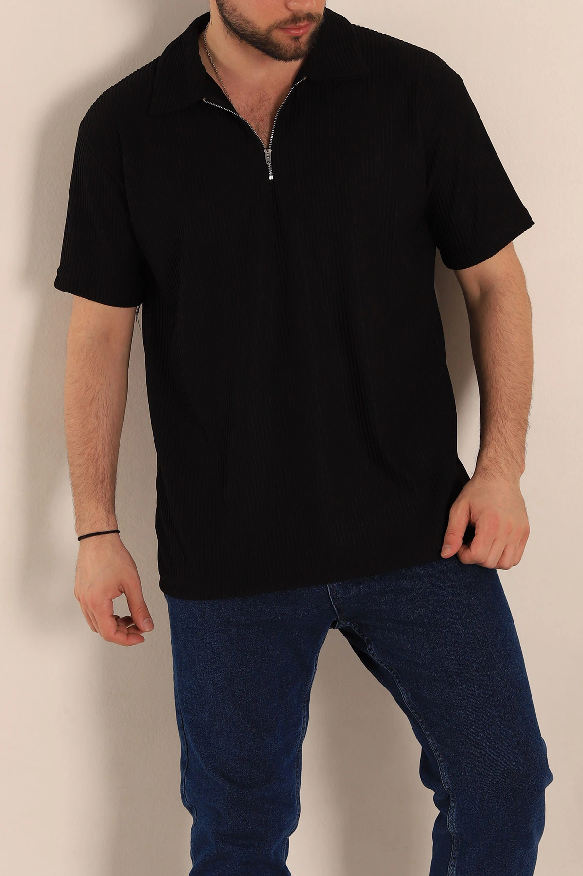 Siyah Relaxed Fit Fitilli Dokulu Jakarlı Fermuarlı Polo Yaka Erkek Tişört 270752