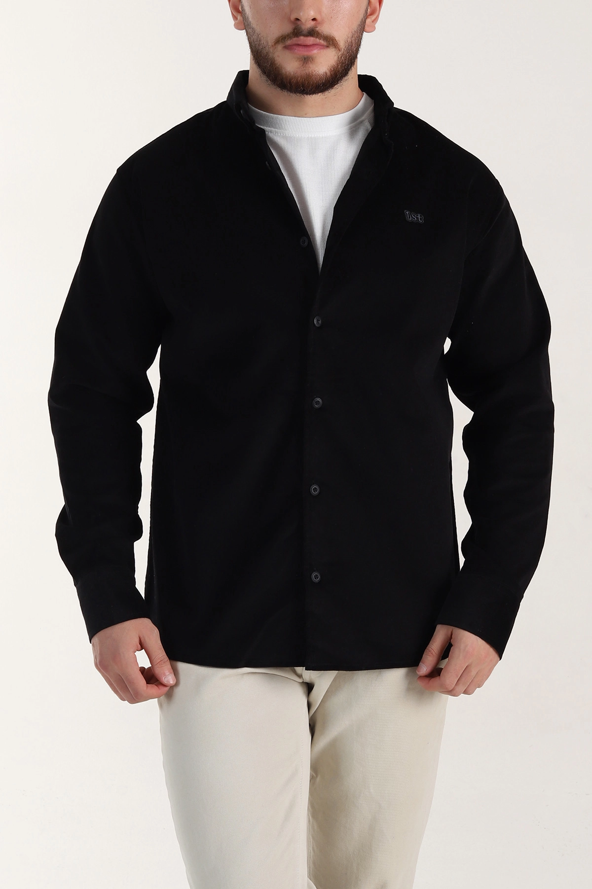 Siyah Relaxed Fit Fitilli Kadife Ata Yaka Erkek Gömlek 400084
