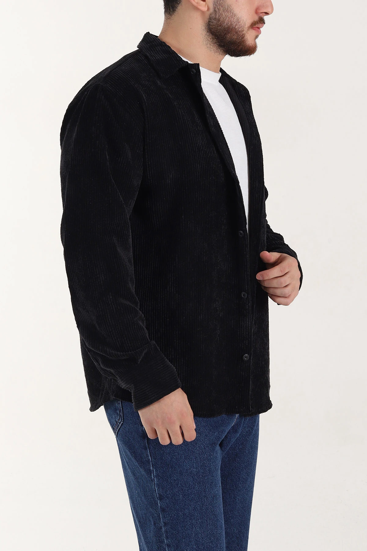 Siyah Relaxed Fit Fitilli Kadife Erkek Gömlek 399747