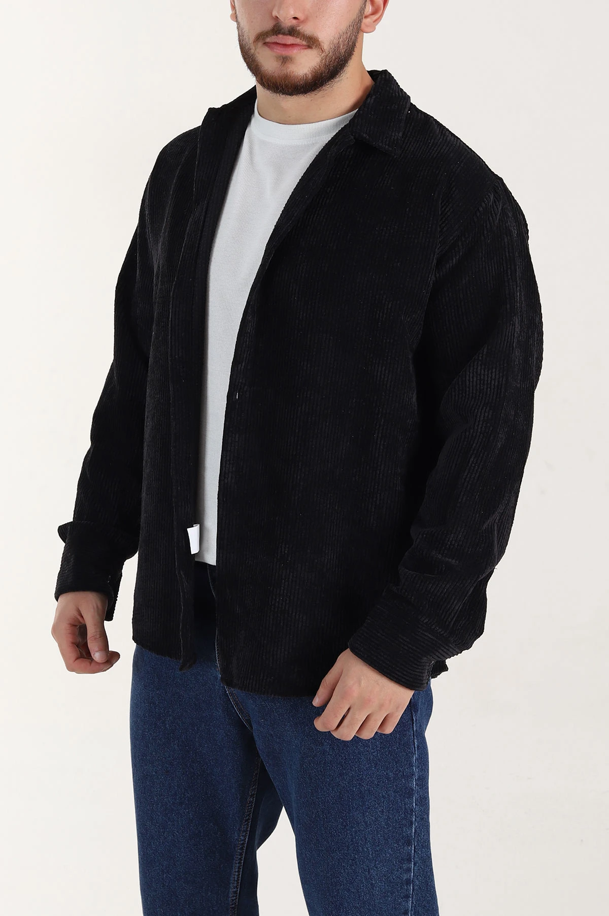 Siyah Relaxed Fit Fitilli Kadife Erkek Gömlek 399747