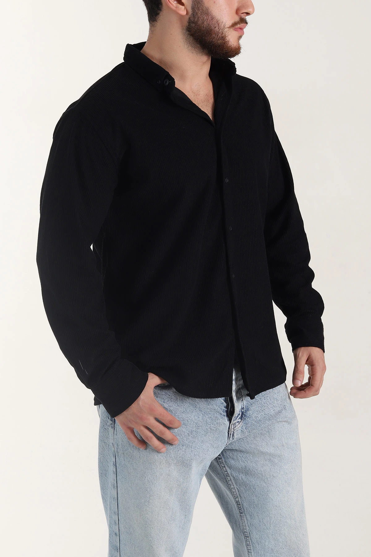 Siyah Relaxed Fit Fitilli Kadife Erkek Gömlek 400092