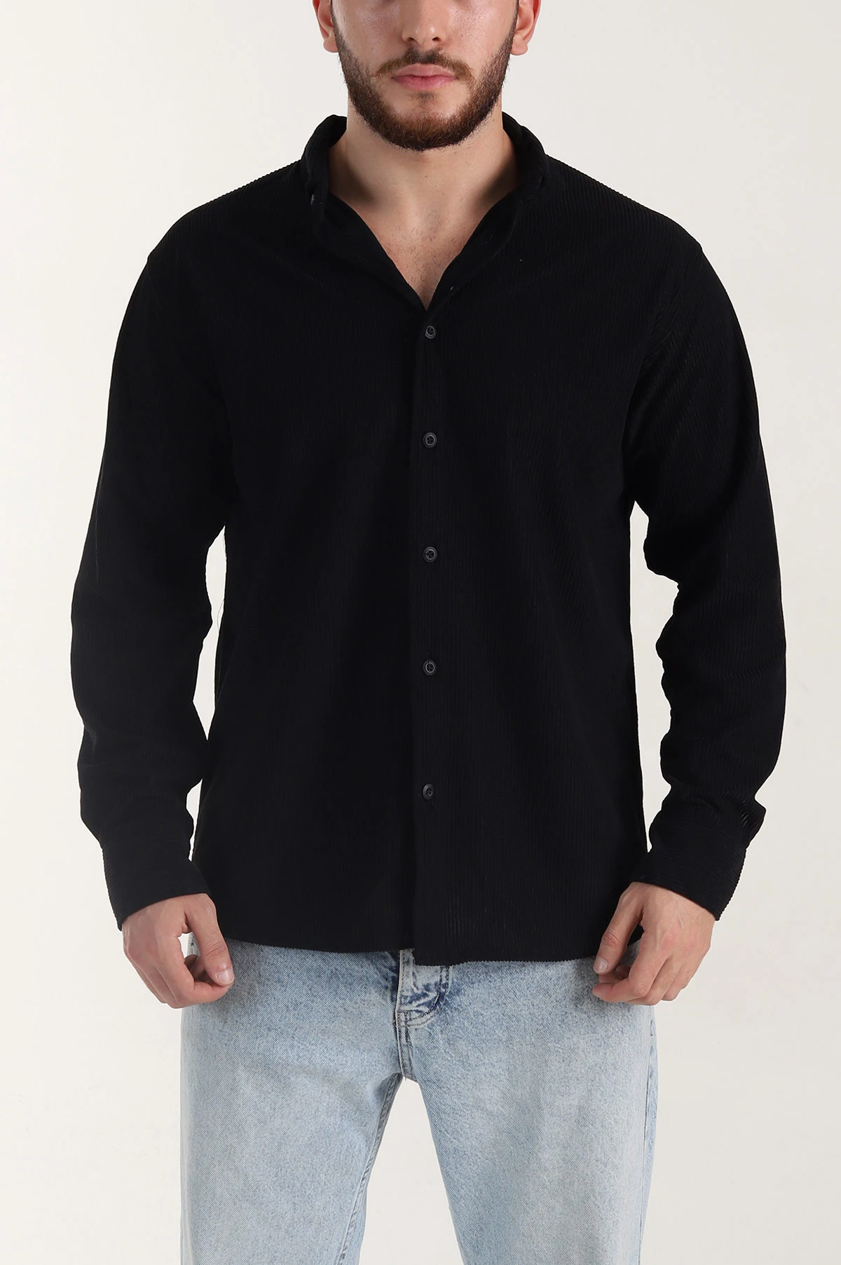 Siyah Relaxed Fit Fitilli Kadife Erkek Gömlek 400092