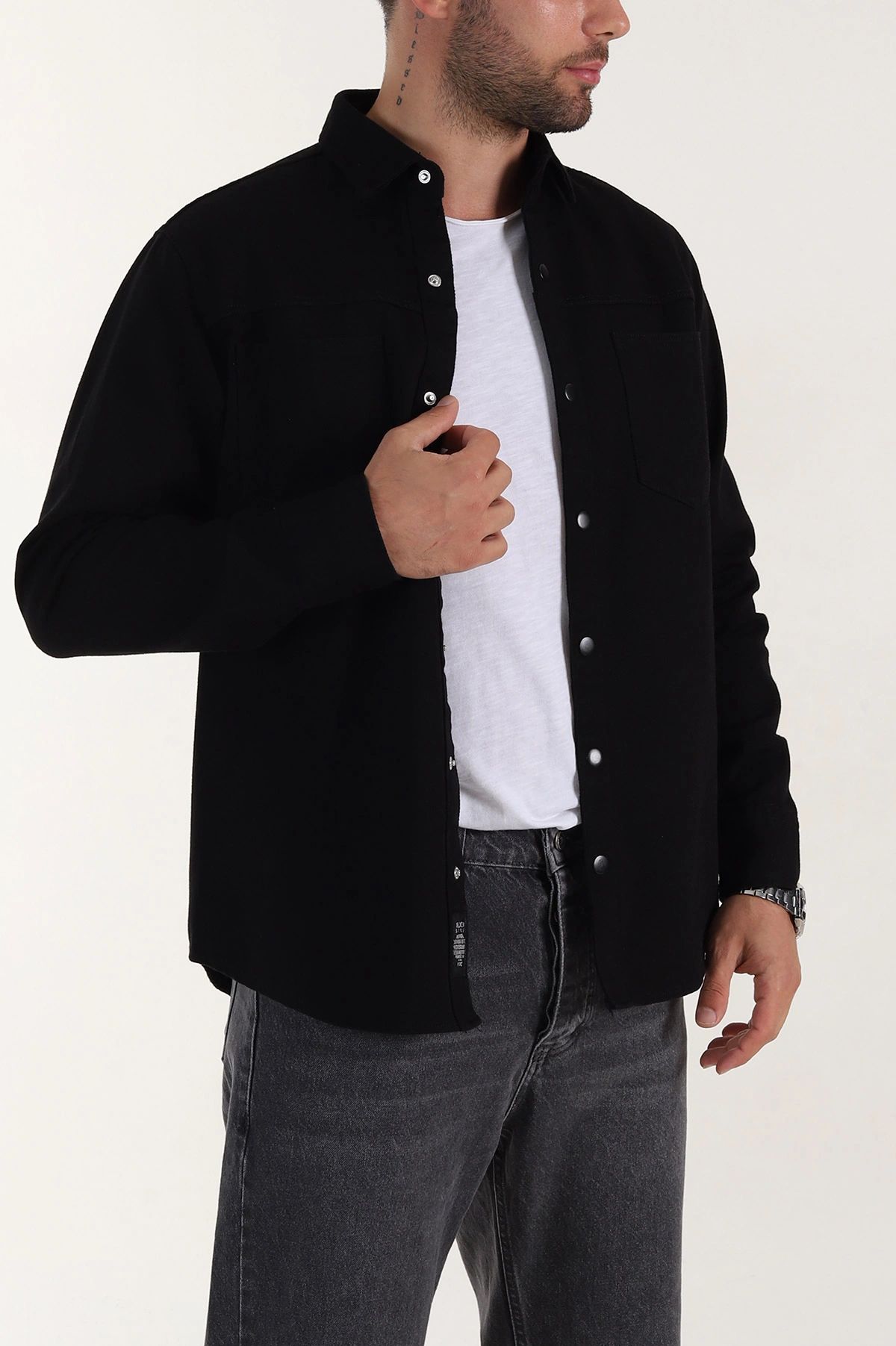 Siyah Relaxed Fit Gabardin Çift Cepli Yıkamalı  Erkek Gömlek 397967