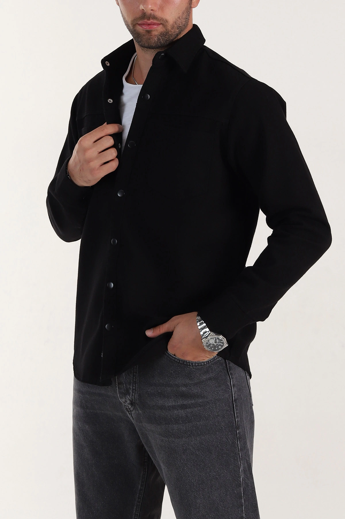Siyah Relaxed Fit Gabardin Çift Cepli Yıkamalı  Erkek Gömlek 397967