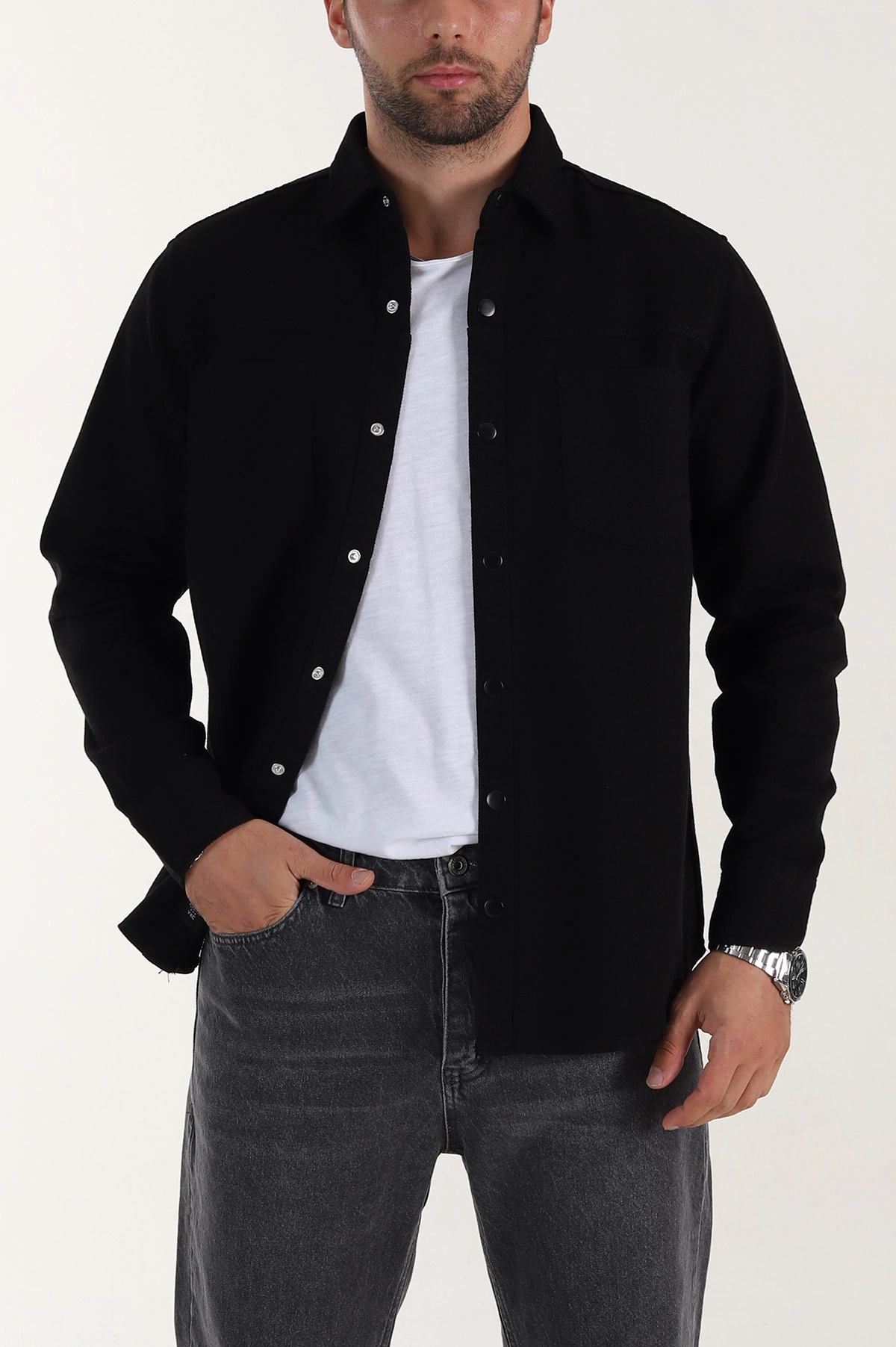 Siyah Relaxed Fit Gabardin Çift Cepli Yıkamalı  Erkek Gömlek 397967