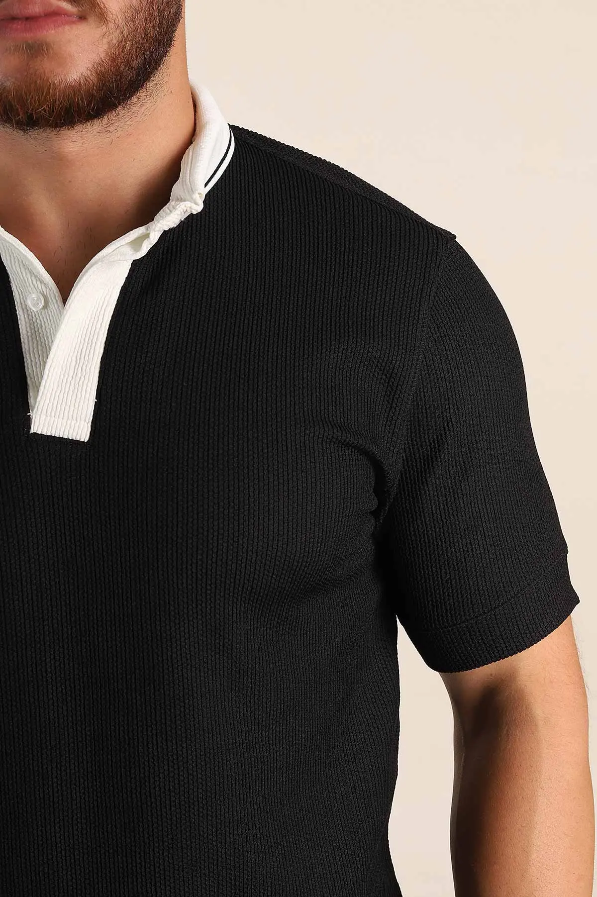 Siyah Relaxed Fit Gizi Düğmeli Polo Yaka Erkek Tişört 370271