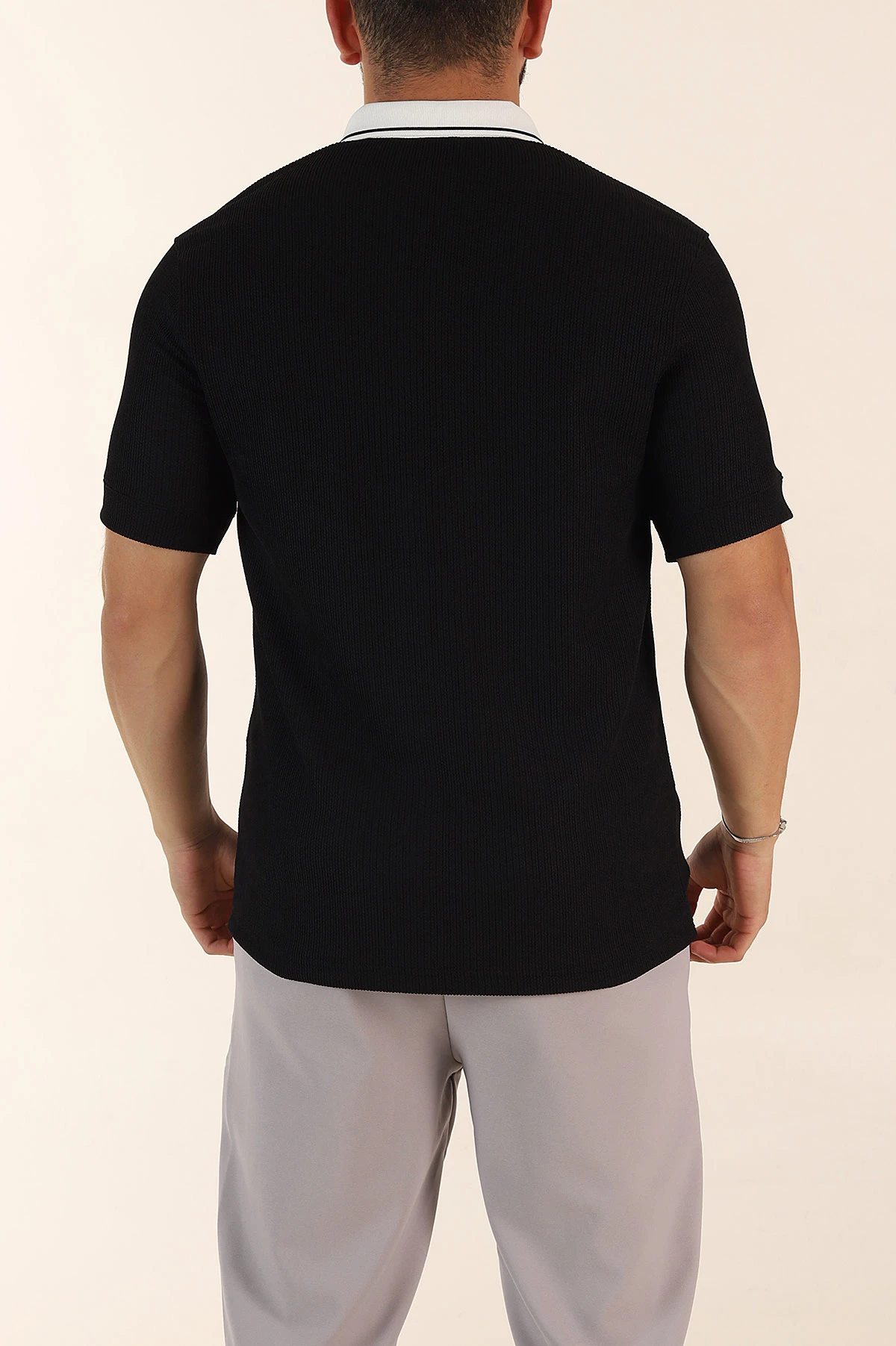 Siyah Relaxed Fit Gizi Düğmeli Polo Yaka Erkek Tişört 370271