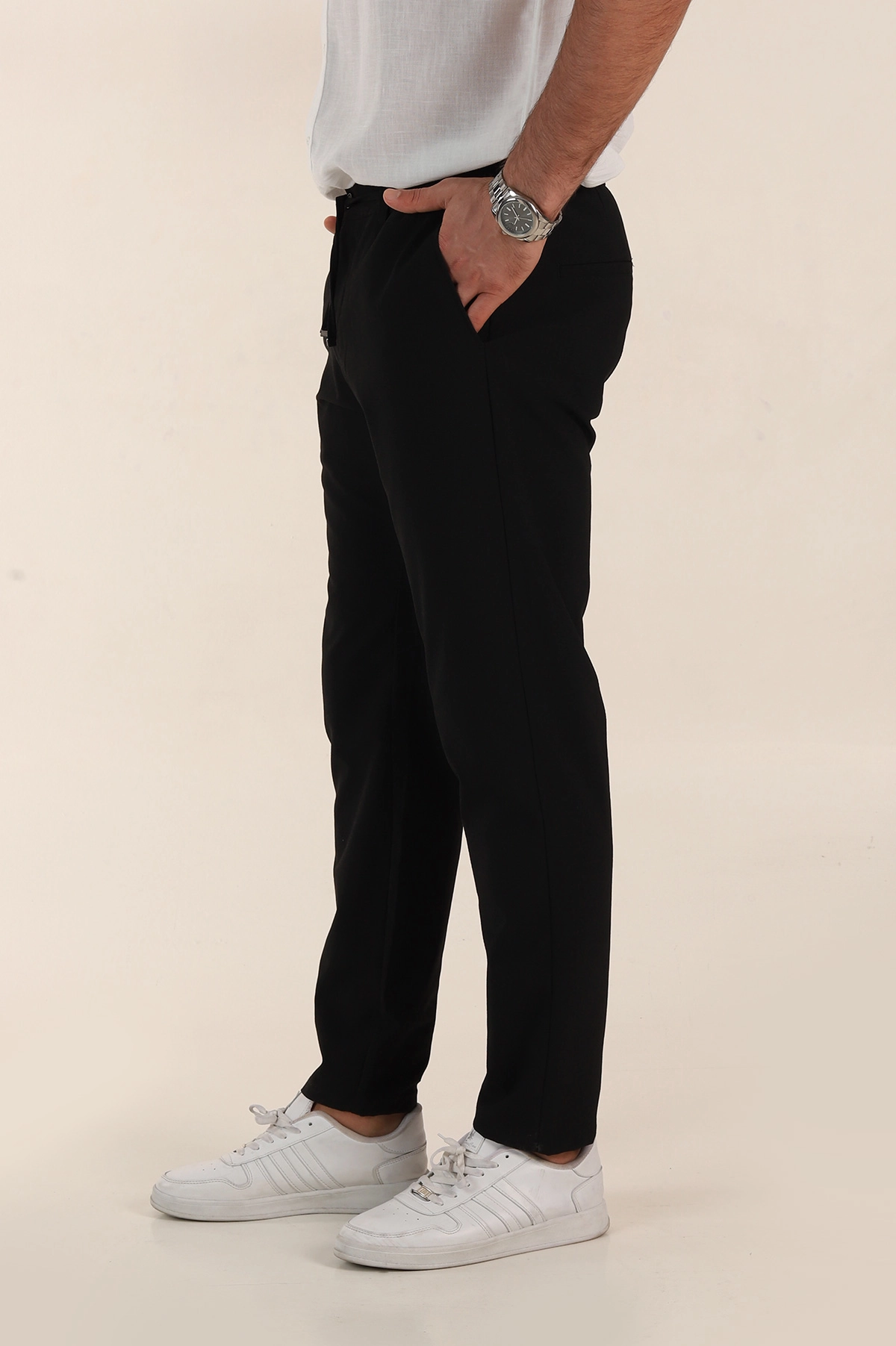 Siyah Relaxed Fit Gofre Kumaş Bel Arkası Lastikli Erkek Pantolon 362582