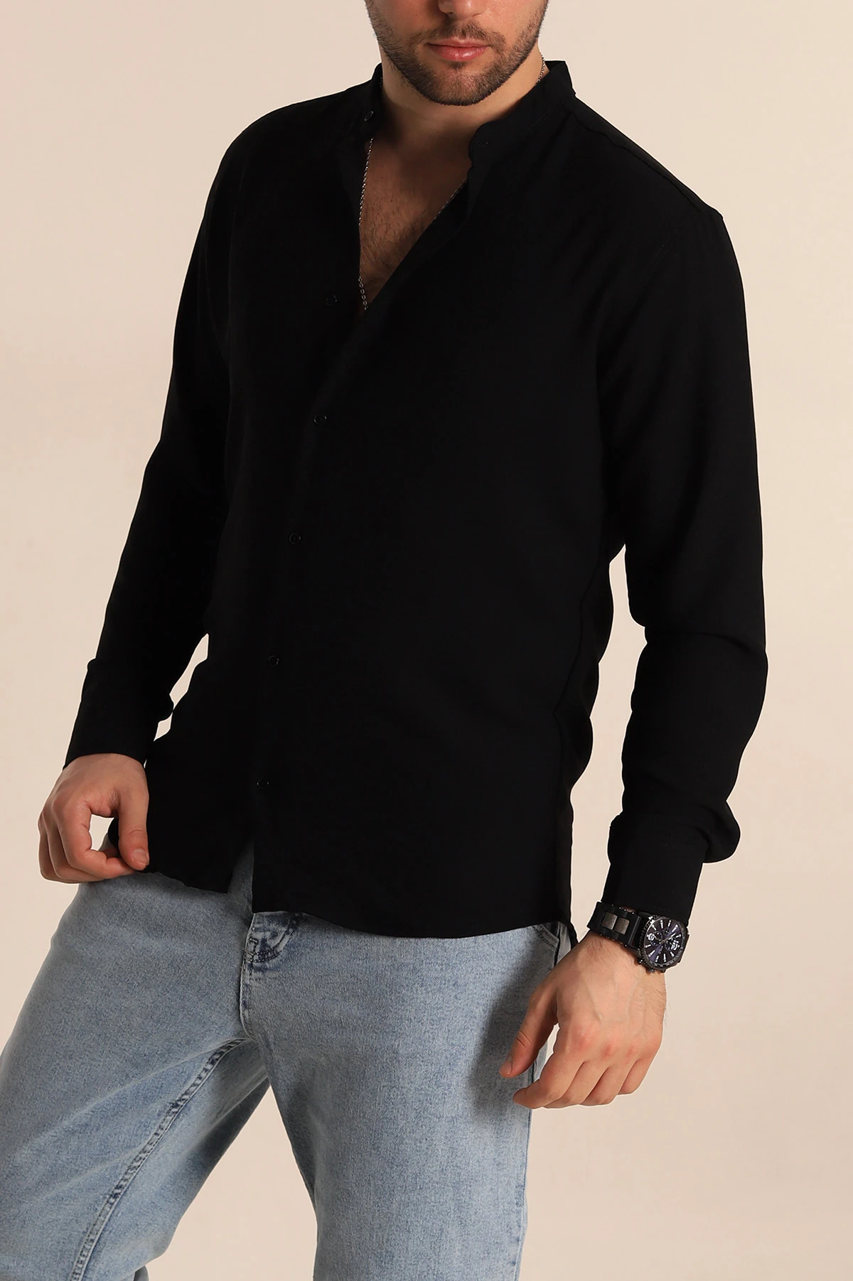 Siyah Relaxed Fit Hakim Yaka Erkek Gömlek 267040