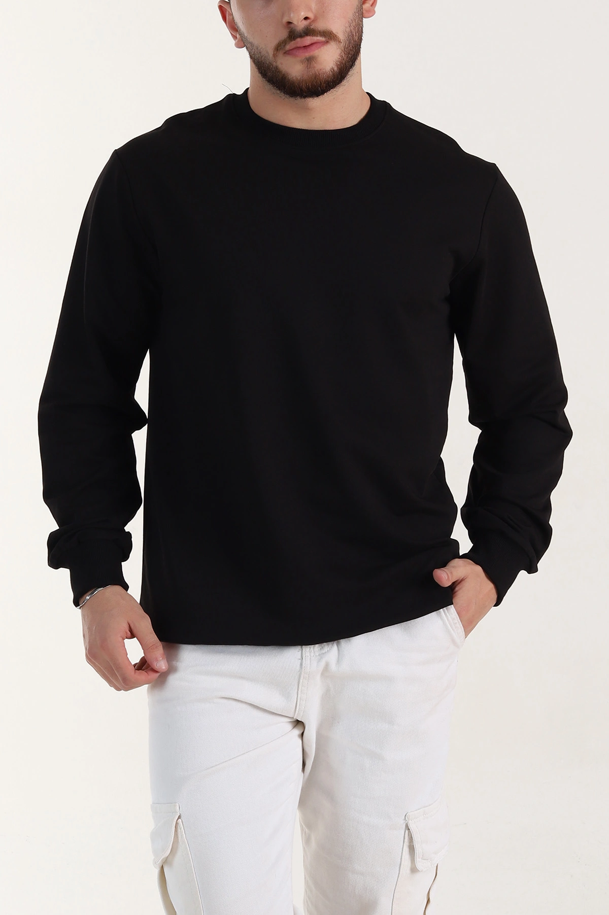 Siyah Relaxed Fit İki İp Şardonsuz Basic Erkek Sweatshirt 398123