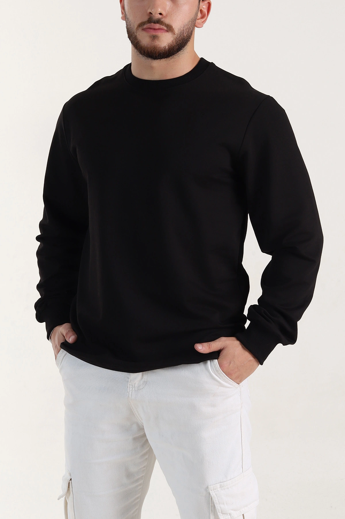 Siyah Relaxed Fit İki İp Şardonsuz Basic Erkek Sweatshirt 398123