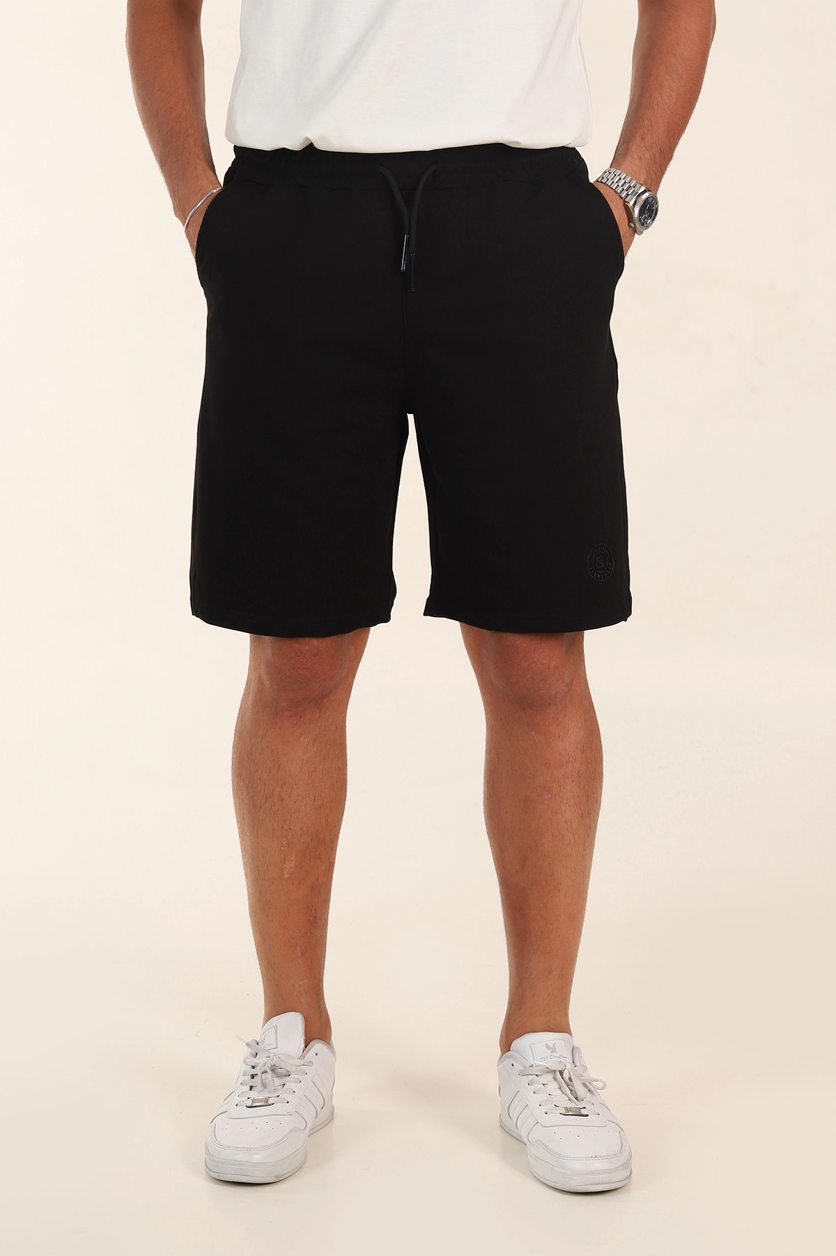 Siyah Relaxed Fit İki İp Şardonsuz Kabartma Baskılı Erkek Şort 382182