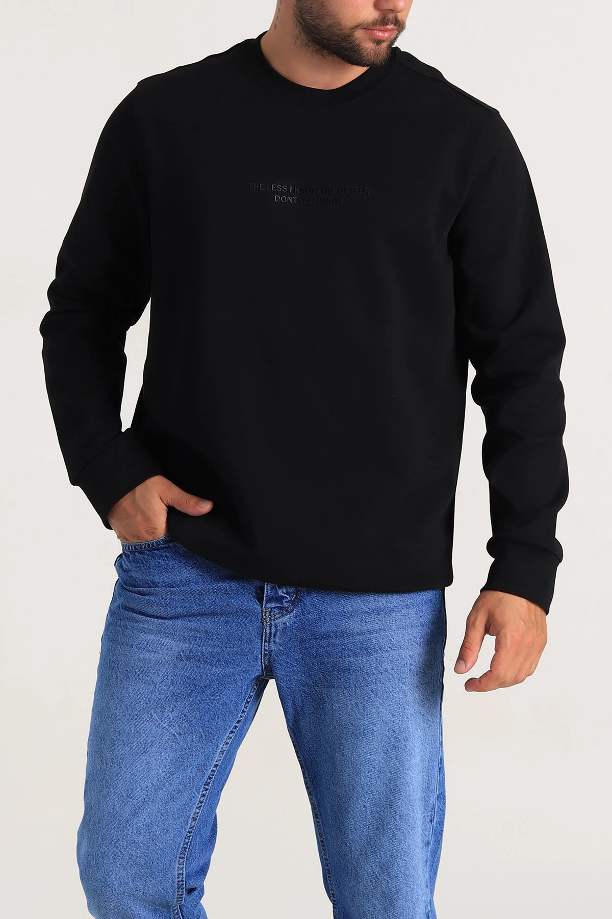 Siyah Relaxed Fit İki İp Yazı Detaylı Basic Erkek Sweatshirt 299861