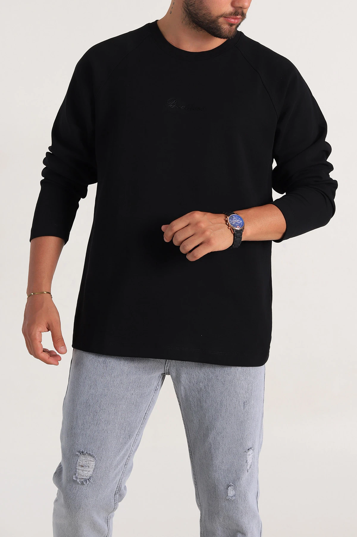 Siyah Relaxed Fit İki İp Yazı Detaylı Basic Erkek Sweatshirt 299891