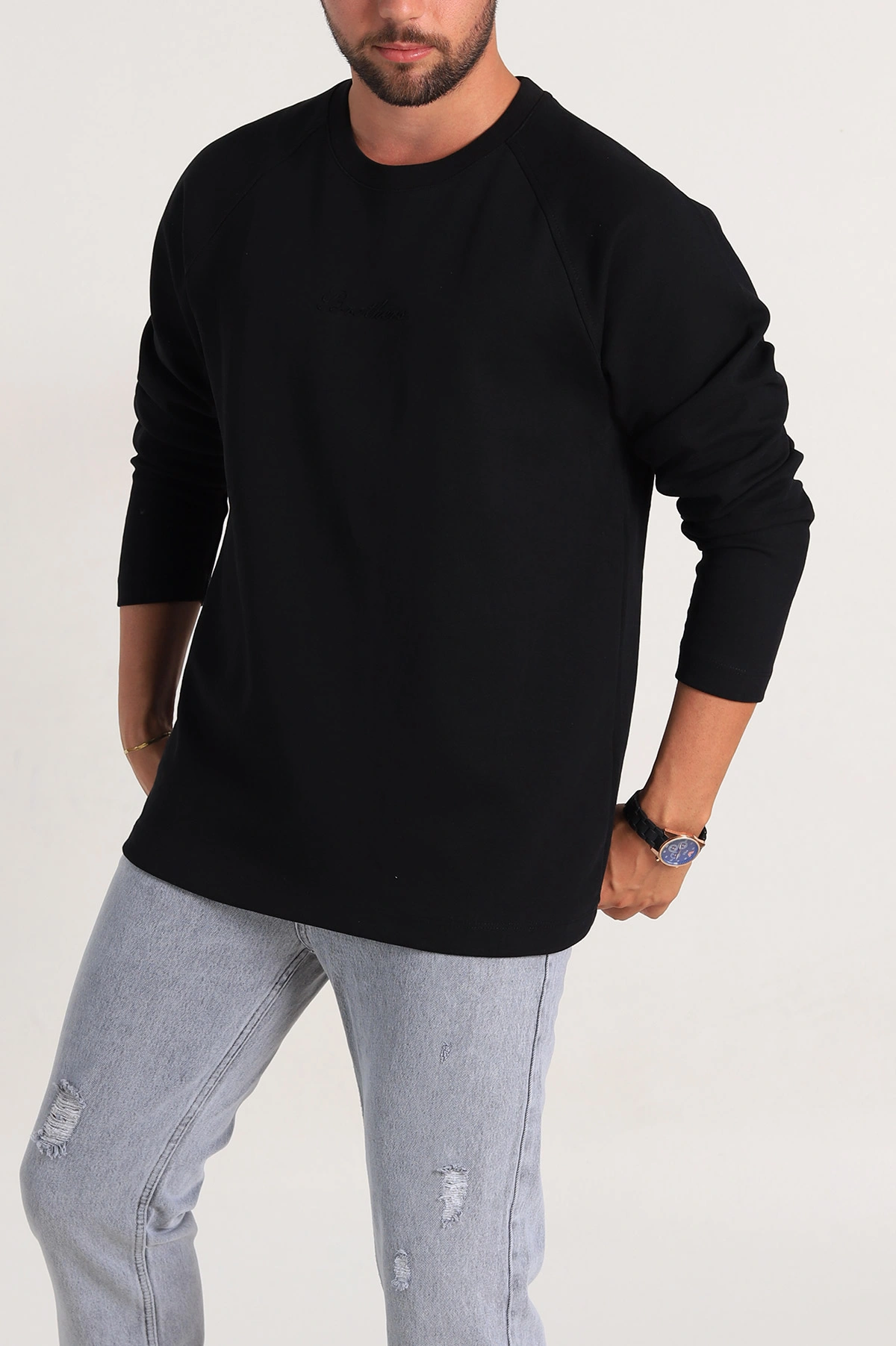 Siyah Relaxed Fit İki İp Yazı Detaylı Basic Erkek Sweatshirt 299891