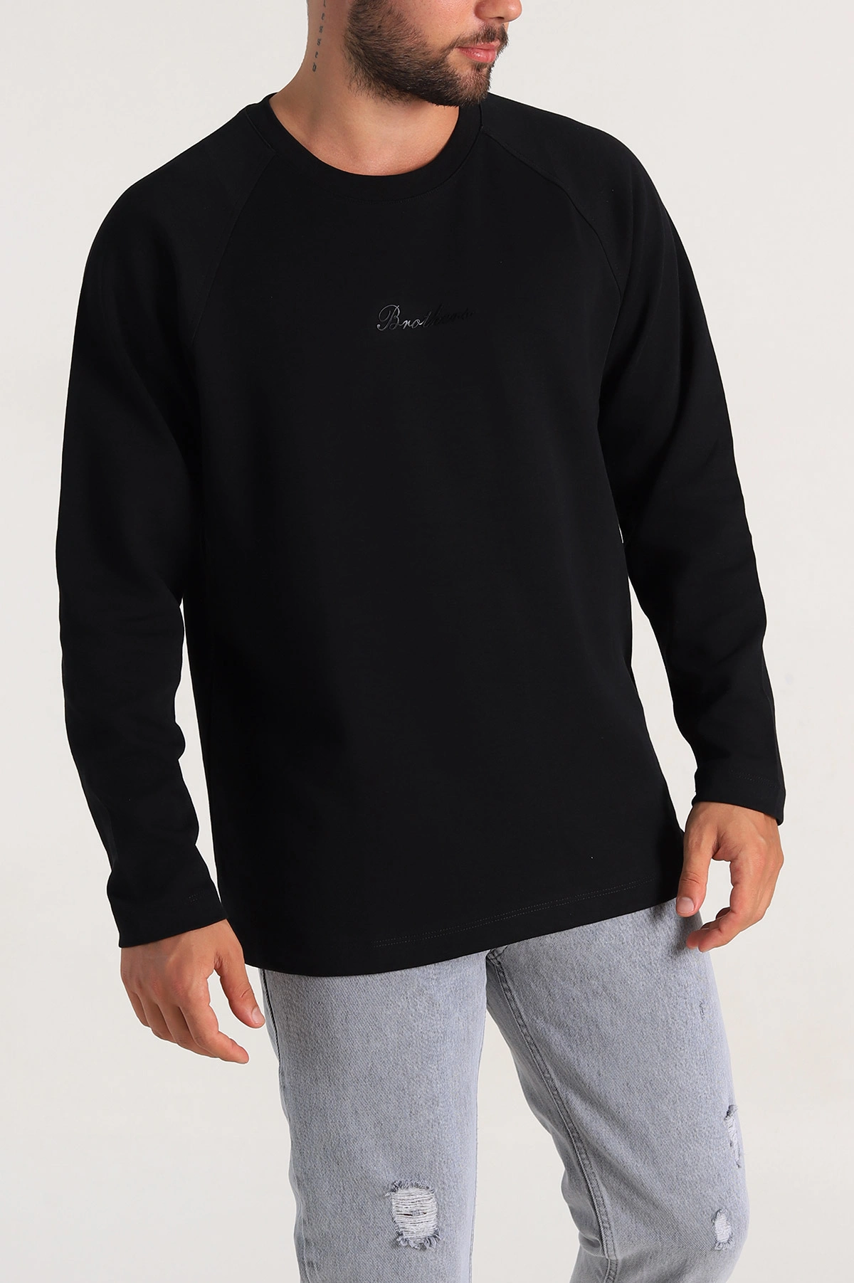 Siyah Relaxed Fit İki İp Yazı Detaylı Basic Erkek Sweatshirt 299891