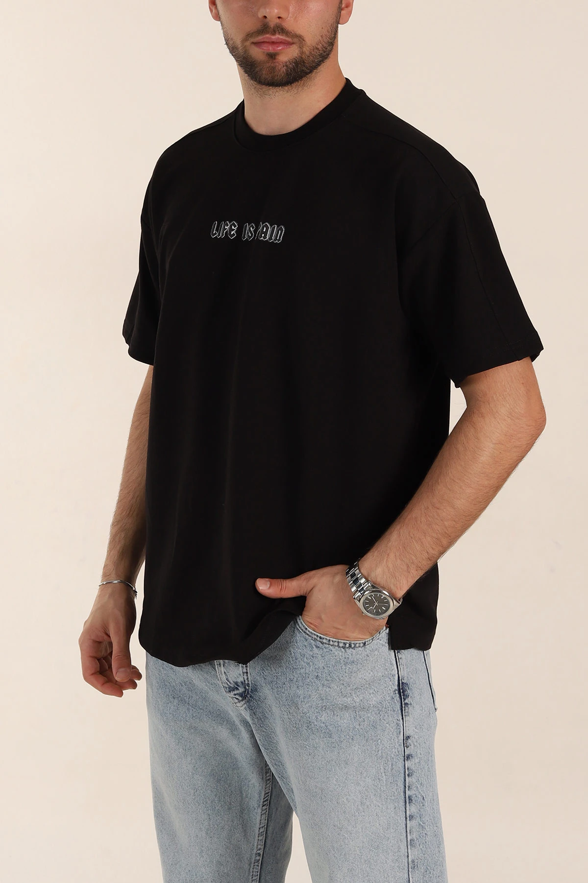 Siyah Relaxed Fit İnterlok Kumaş Yazı Detaylı Erkek Tişört 359312