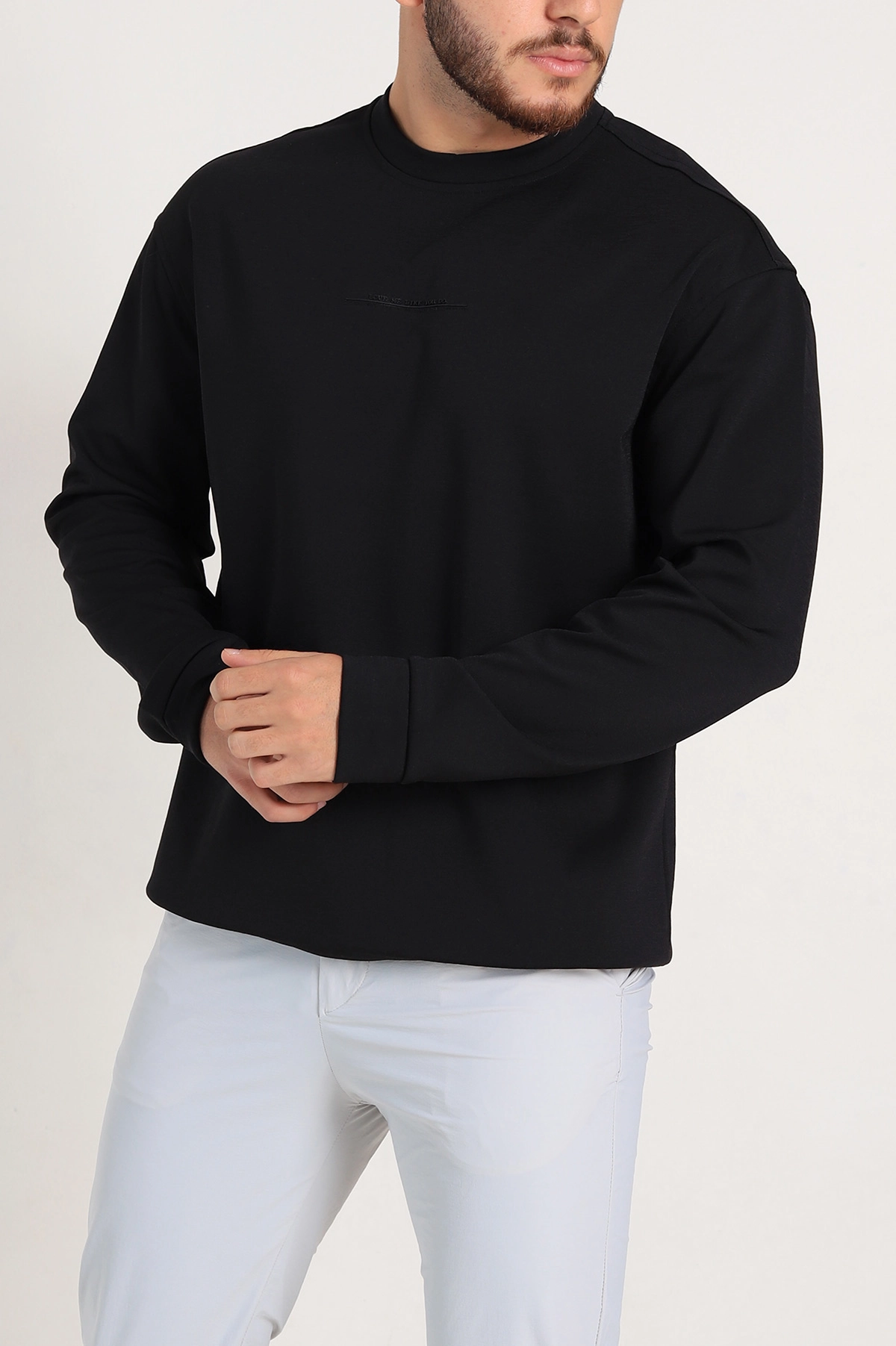 Siyah Relaxed Fit Jakarlı Kabartma Yazı Detay Erkek Basic Sweatshirt 305381