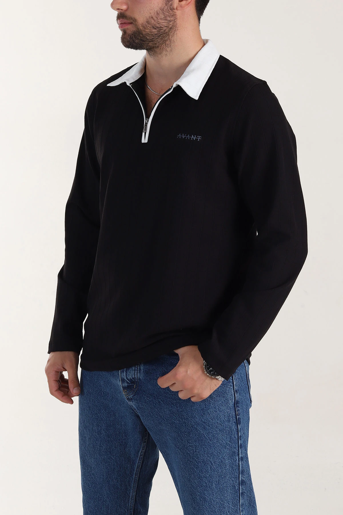 Siyah Relaxed Fit Jakarlı Kumaş Yazı Detay Polo Yaka Erkek Sweatshirt 399378