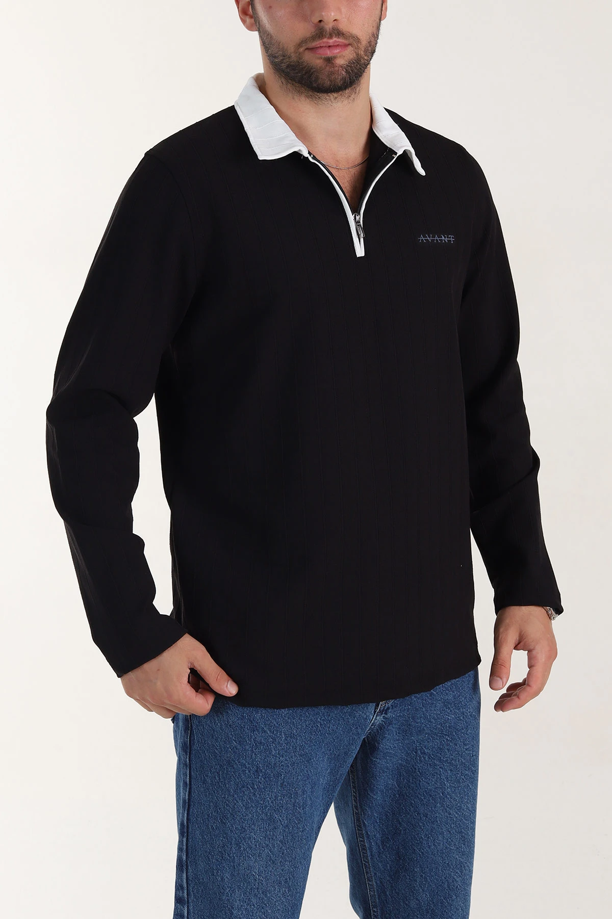 Siyah Relaxed Fit Jakarlı Kumaş Yazı Detay Polo Yaka Erkek Sweatshirt 399378