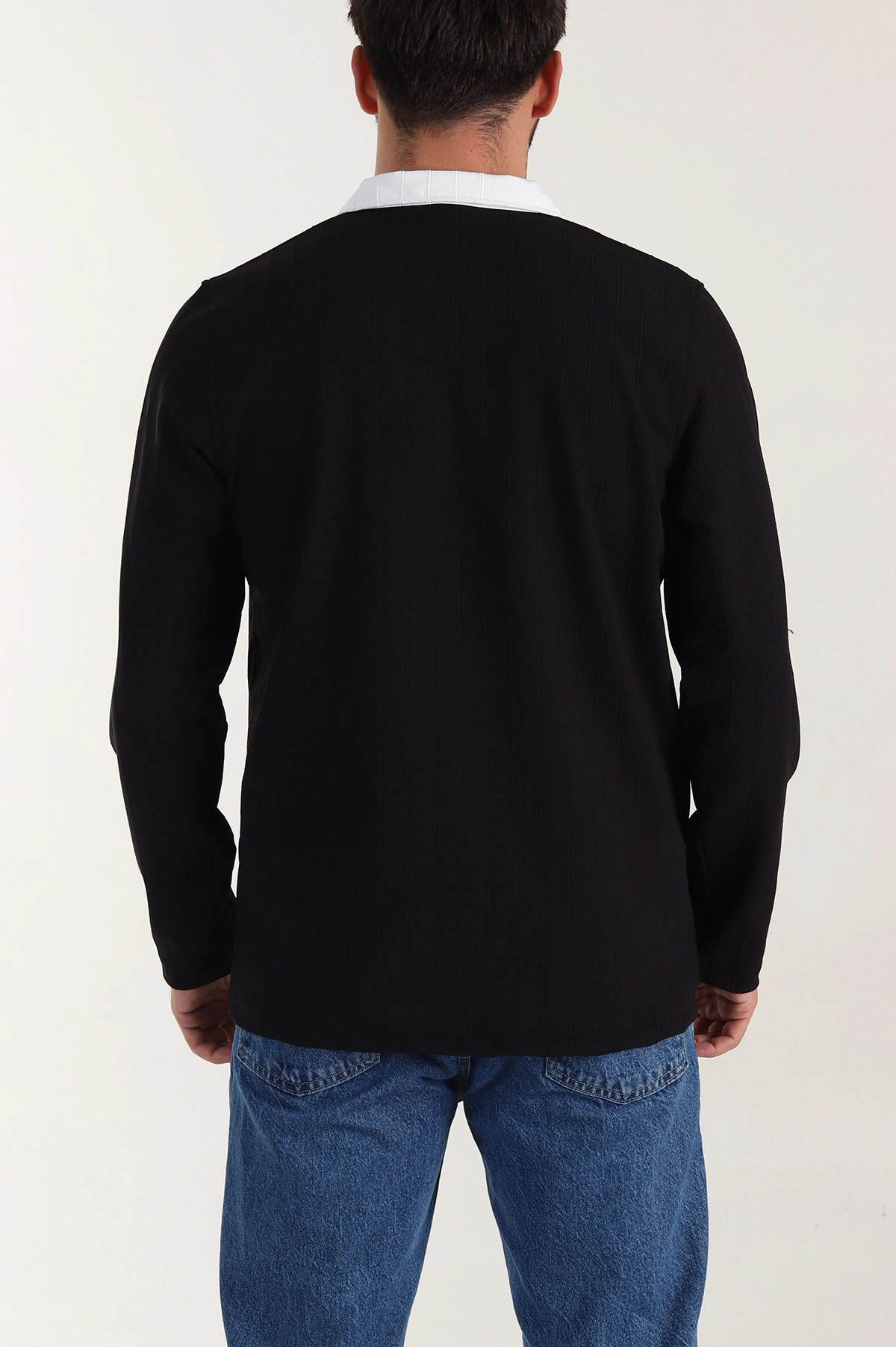 Siyah Relaxed Fit Jakarlı Kumaş Yazı Detay Polo Yaka Erkek Sweatshirt 399378