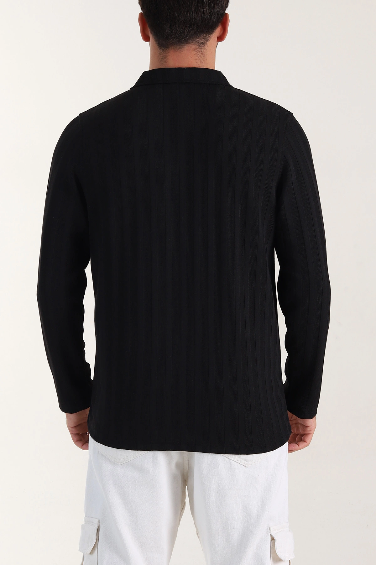 Siyah Relaxed Fit Jakarlı Kumaş Yazı Detay Polo Yaka Erkek Sweatshirt 399382