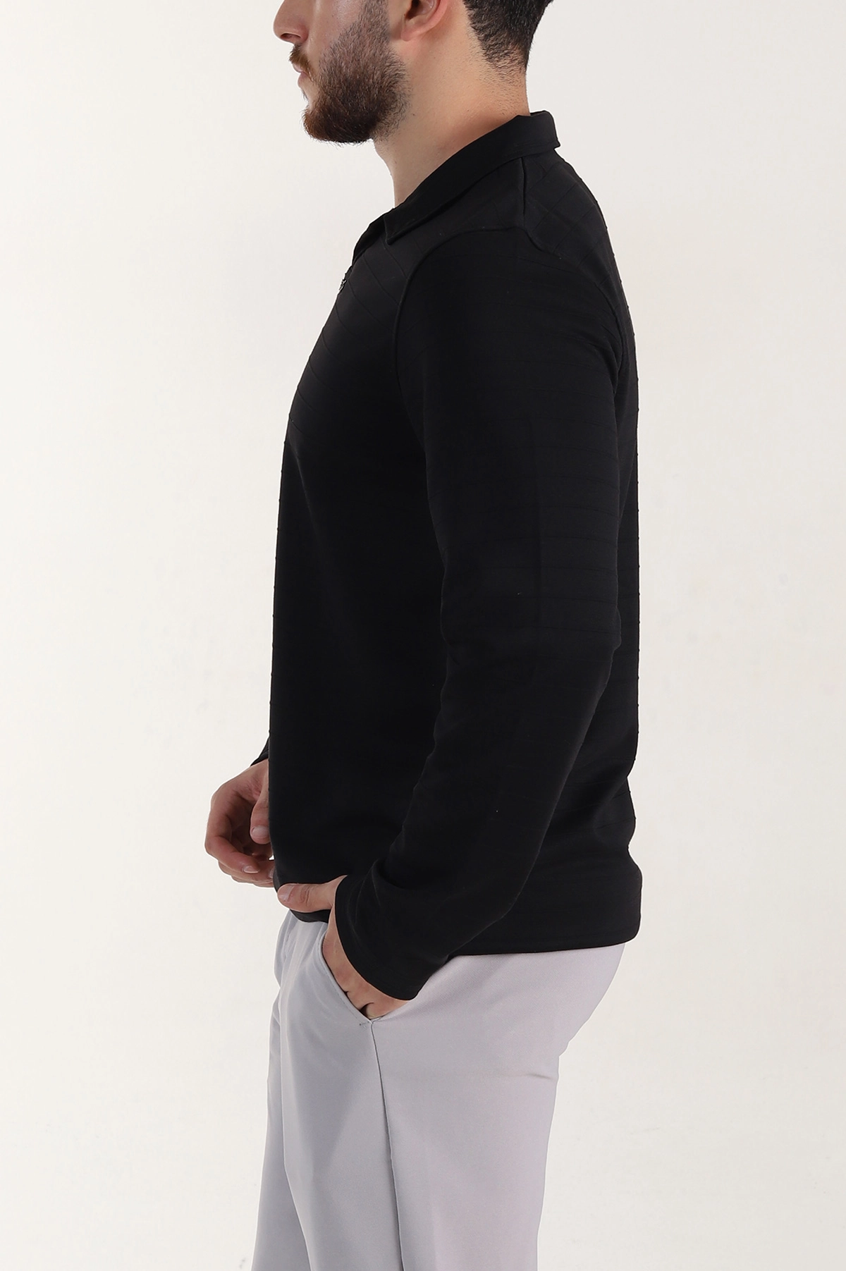 Siyah Relaxed Fit Jakarlı Kumaş Yazı Detaylı Polo Yaka Erkek Sweatshirt 399447
